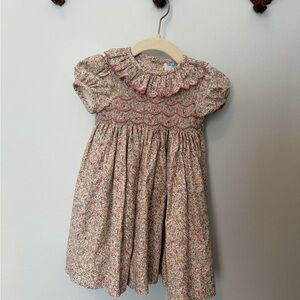 Luli & Me Cream Floral Smocked Dress with Pink Trim